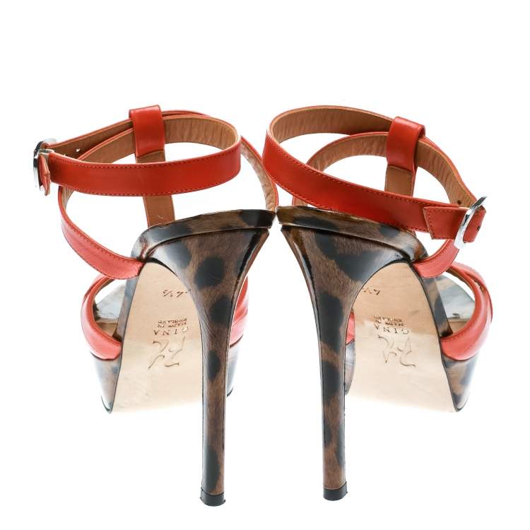 Pre Owned Gina Orange Leather Ankle Strap Platform Sandals Size 37.5