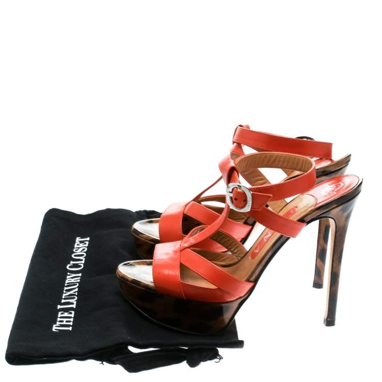 Pre Owned Gina Orange Leather Ankle Strap Platform Sandals Size 37.5
