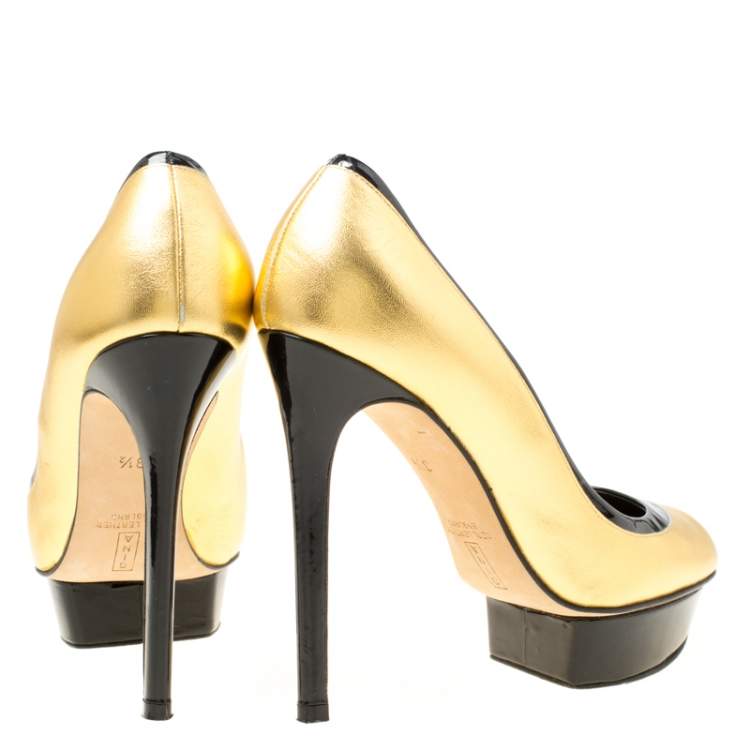 Pre Owned Gina Two Tone Leather Tori Pumps Size 36.5