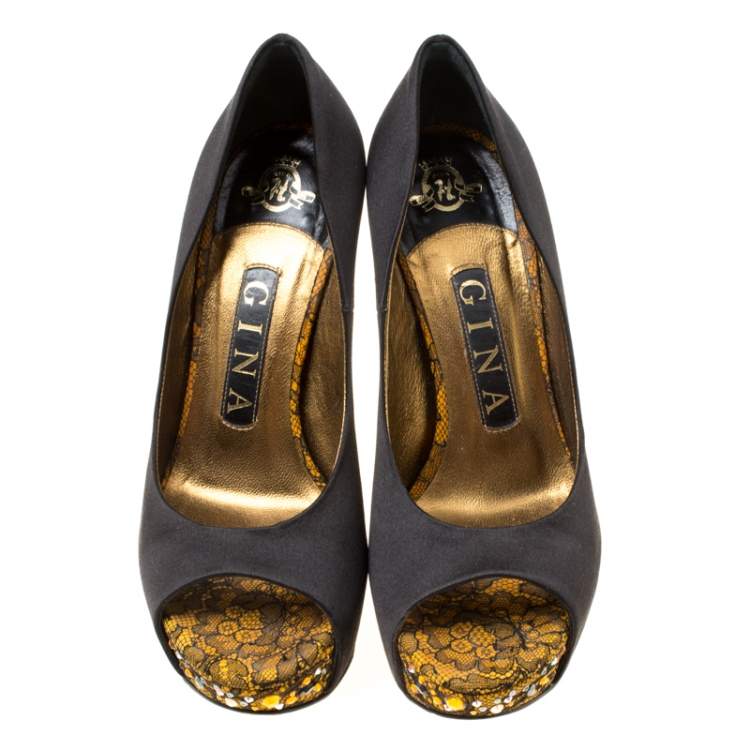 Pre Owned Gina Black Crystal Embellished Satin Peep Toe Platform Pumps Size 36