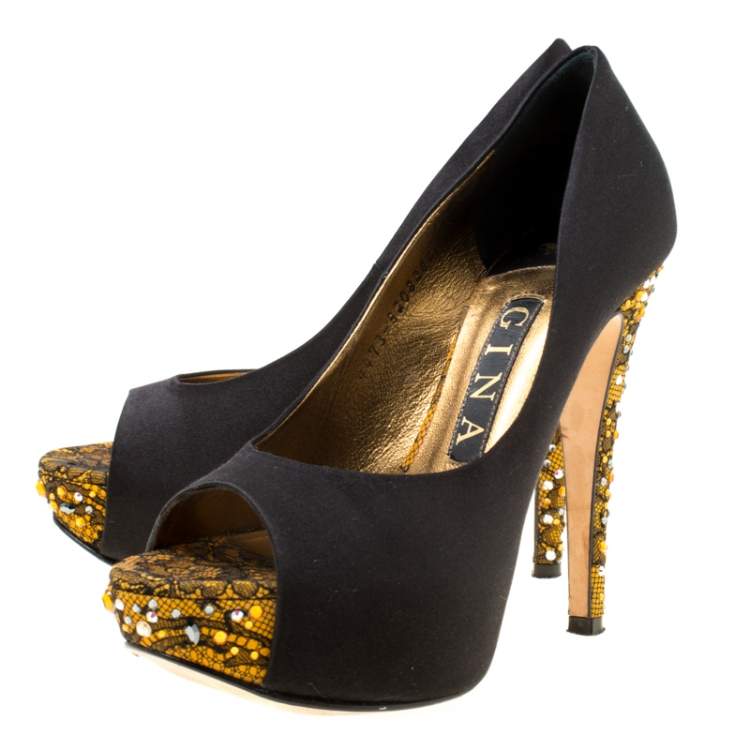 Pre Owned Gina Black Crystal Embellished Satin Peep Toe Platform Pumps Size 36