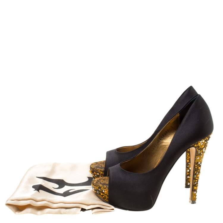 Pre Owned Gina Black Crystal Embellished Satin Peep Toe Platform Pumps Size 36