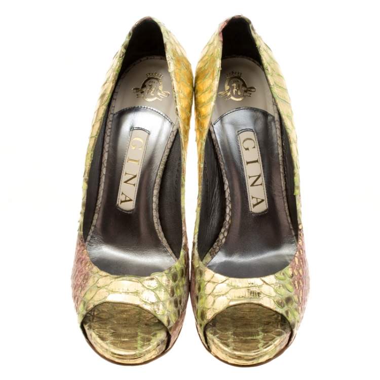 Pre Owned Gina Multicolor Python Peep Toe Platform Pumps Size 37