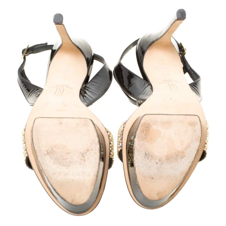 Pre Owned Gina Black Patent Leather Crystal Embellished Platform Sandals Size 37