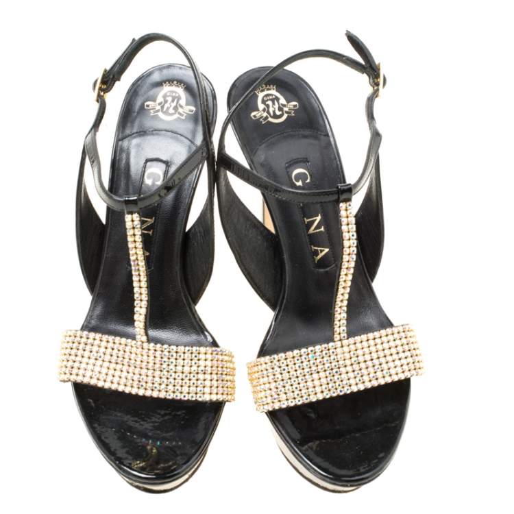 Pre Owned Gina Black Patent Leather Crystal Embellished Platform Sandals Size 37