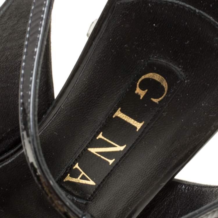 Pre Owned Gina Black Patent Leather Crystal Embellished Platform Sandals Size 37
