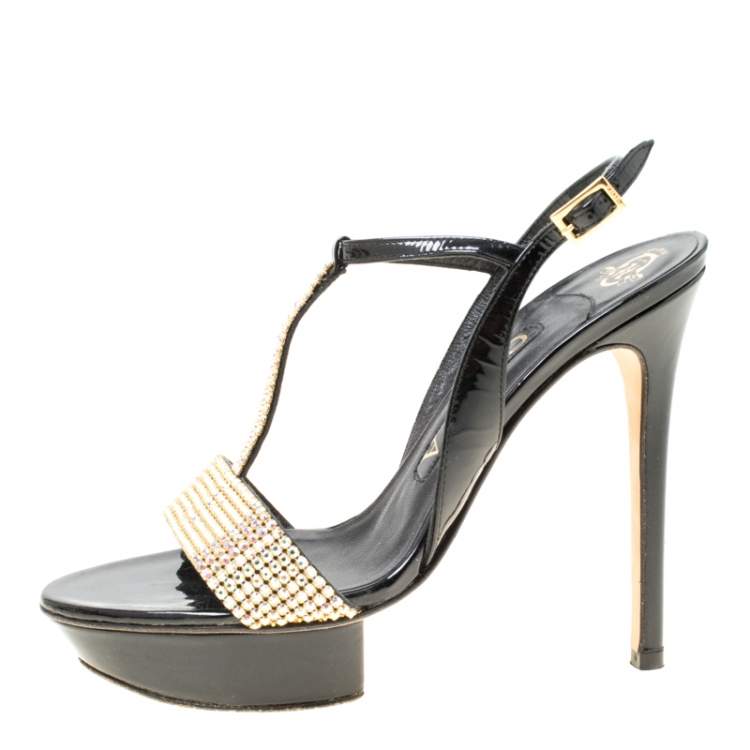 Pre Owned Gina Black Patent Leather Crystal Embellished Platform Sandals Size 37