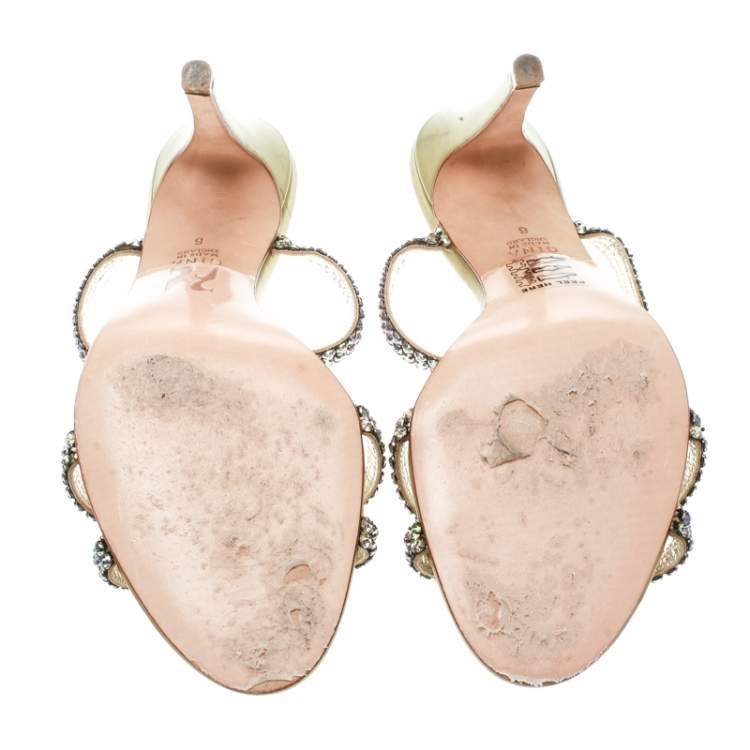 Pre Owned Gina Two Tone Crystal Embellished Leather Sandals Size 39