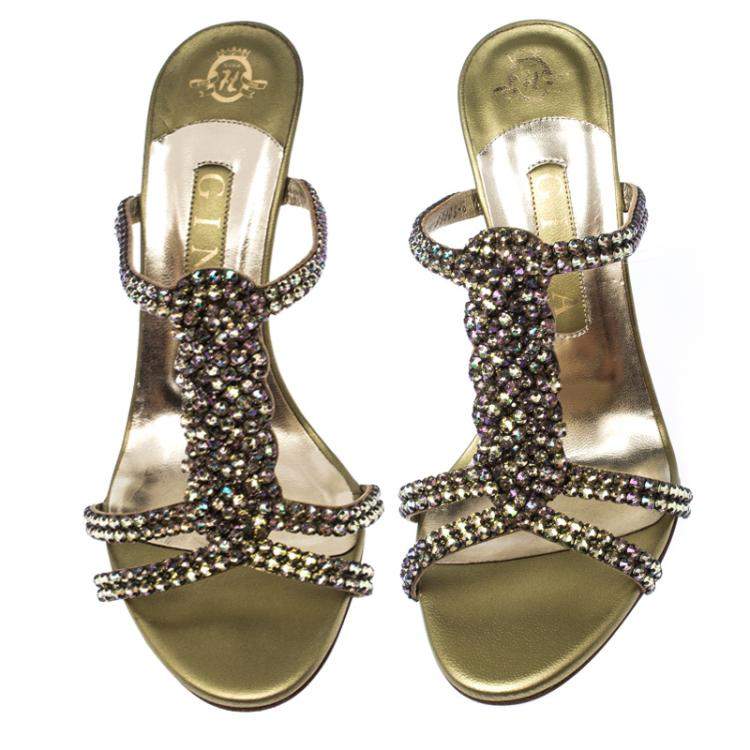 Pre Owned Gina Two Tone Crystal Embellished Leather Sandals Size 39