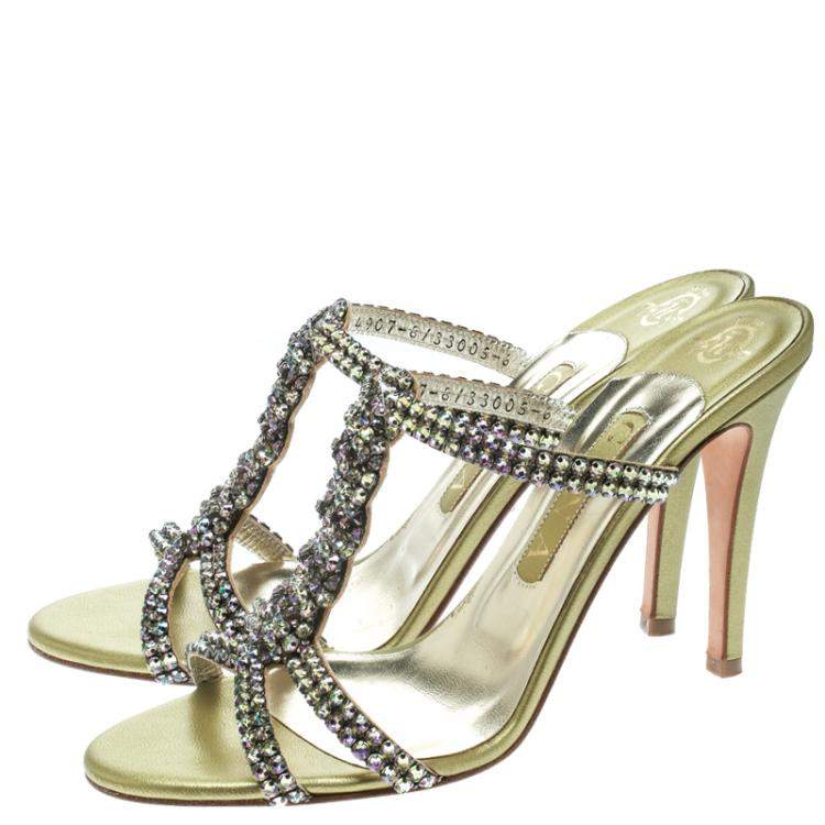 Pre Owned Gina Two Tone Crystal Embellished Leather Sandals Size 39