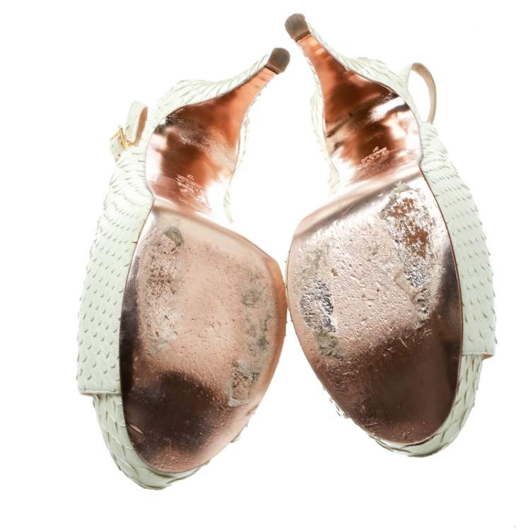 مملوكة مسبقًا Gina White Python Embossed Leather Peep Toe Platform Slingback Sandals Size 40