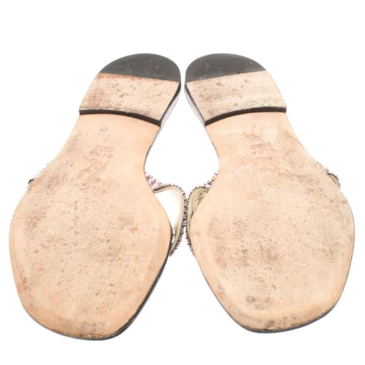 Pre Owned Gina Metallic Pink Crystal Embellished Leather Thong Sandals Size 41