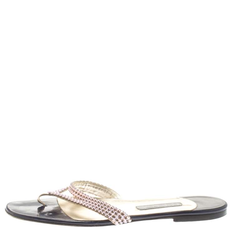 Pre Owned Gina Metallic Pink Crystal Embellished Leather Thong Sandals Size 41