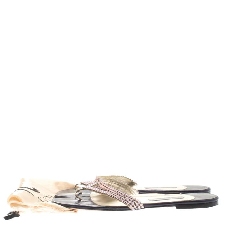 Pre Owned Gina Metallic Pink Crystal Embellished Leather Thong Sandals Size 41