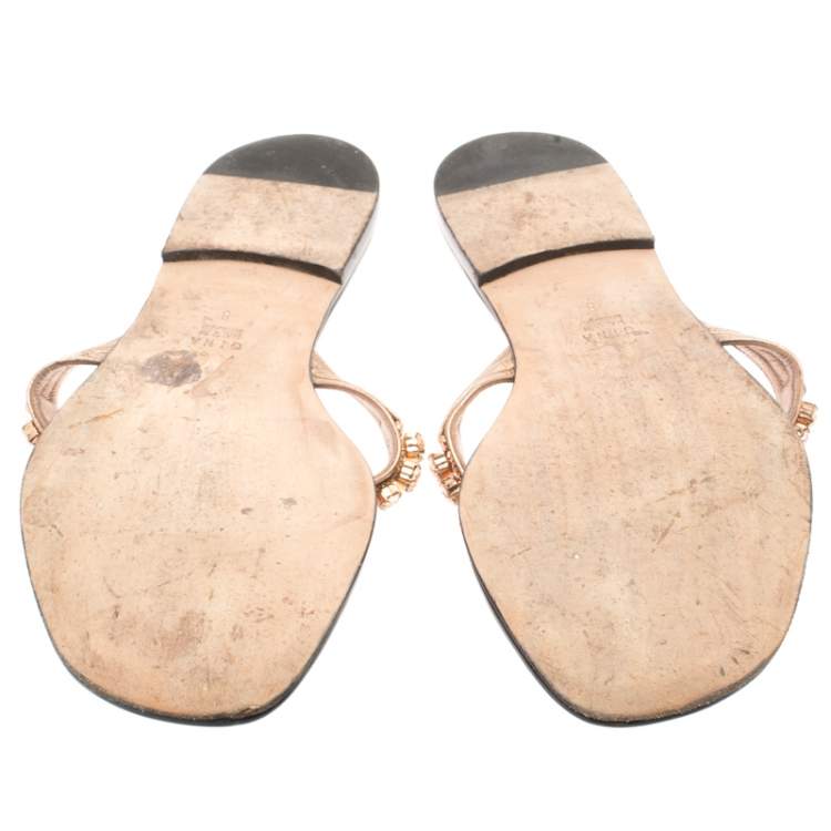 Pre Owned Gina Metallic Rose Gold Crystal Embellished Thong Flat Slides Size 41