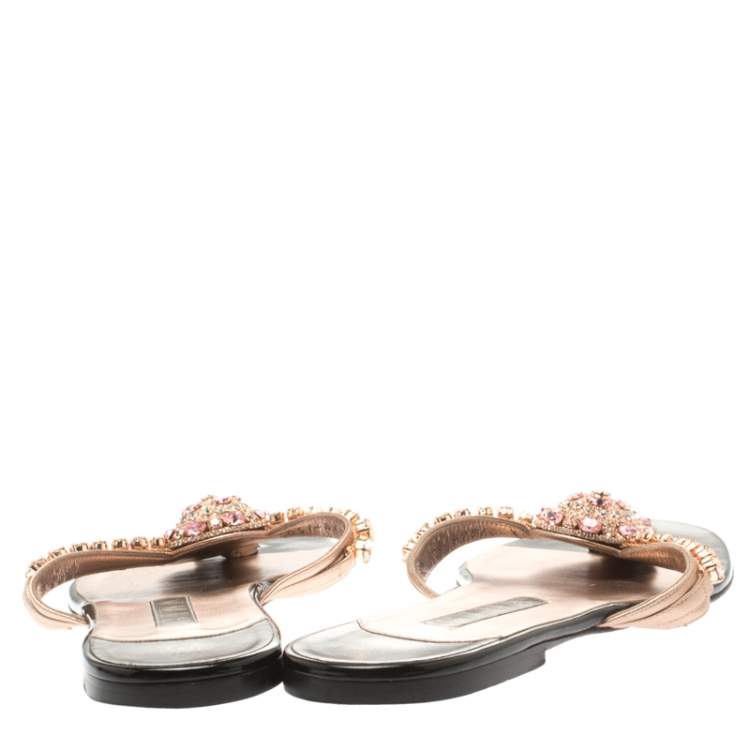 Pre Owned Gina Metallic Rose Gold Crystal Embellished Thong Flat Slides Size 41