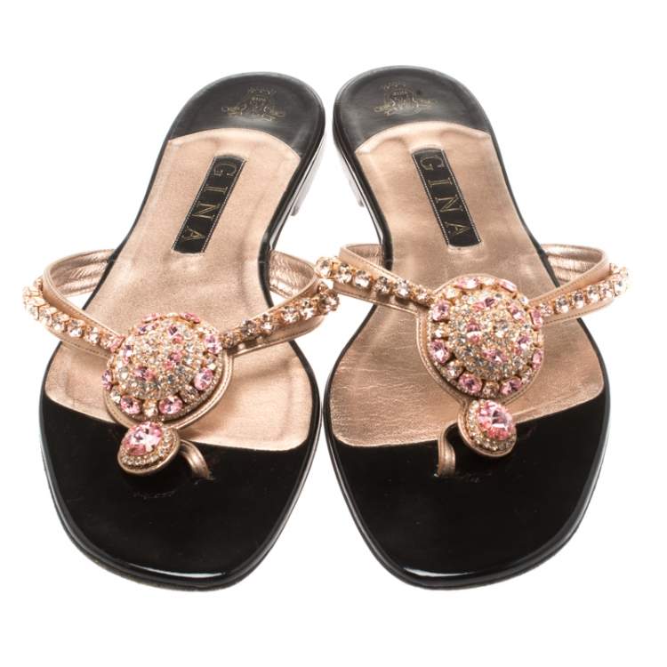 Pre Owned Gina Metallic Rose Gold Crystal Embellished Thong Flat Slides Size 41