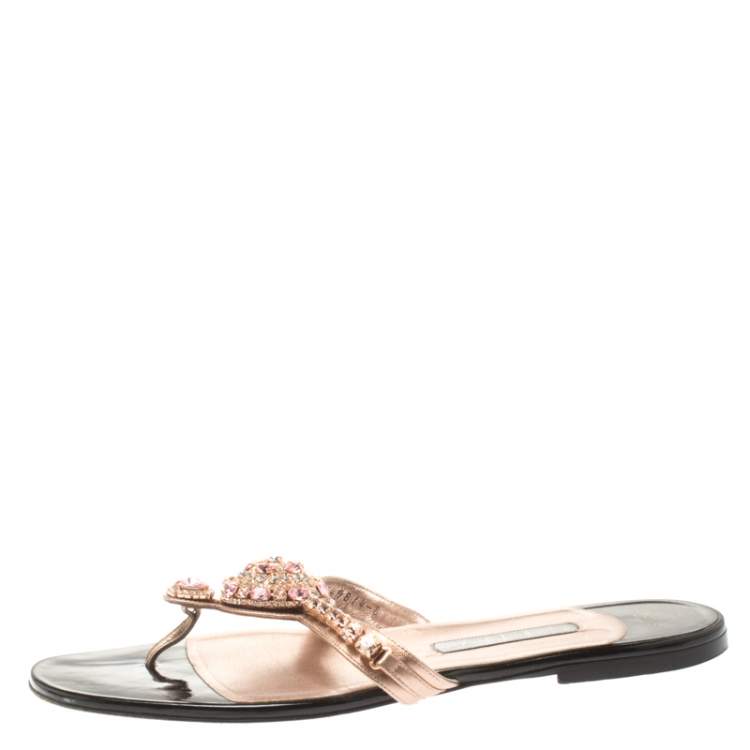 Pre Owned Gina Metallic Rose Gold Crystal Embellished Thong Flat Slides Size 41