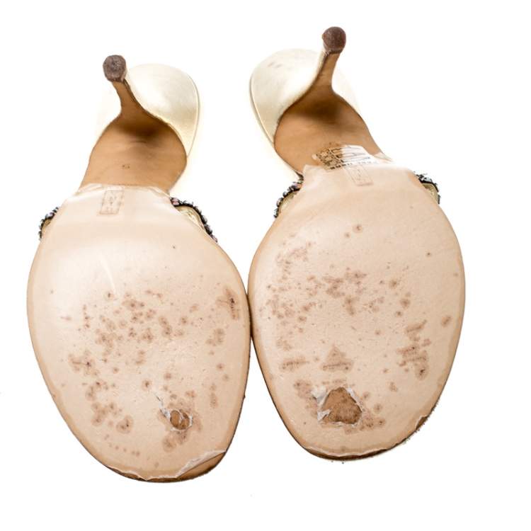 Pre Owned Gina Metallic Gold Leather Crystal Embellished Sandals Size 38