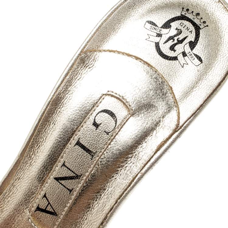 Pre Owned Gina Metallic Gold Leather Crystal Embellished Sandals Size 38