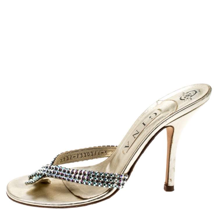 Pre Owned Gina Metallic Gold Leather Crystal Embellished Sandals Size 38