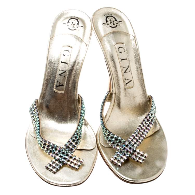 Pre Owned Gina Metallic Gold Leather Crystal Embellished Sandals Size 38