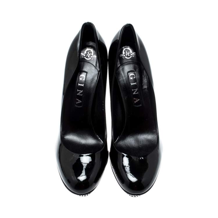 Pre Owned Gina Black Patent Leather Crystal Embellished Heel Platform Pumps Size 41