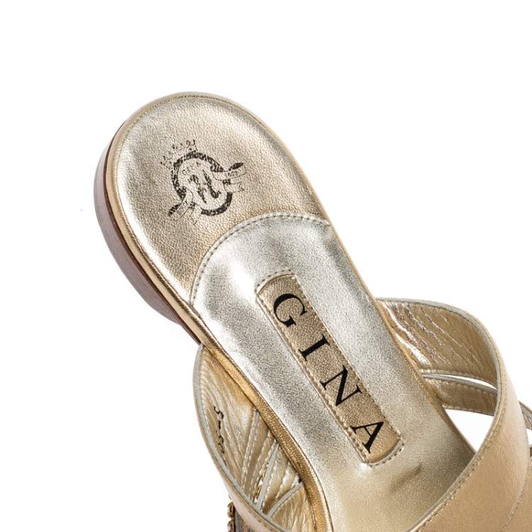 Pre Owned Gina Metallic Gold Leather Embellished Flat Sandals Size 38