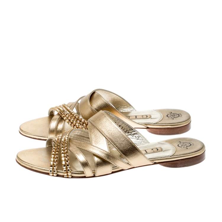 Pre Owned Gina Metallic Gold Leather Embellished Flat Sandals Size 38