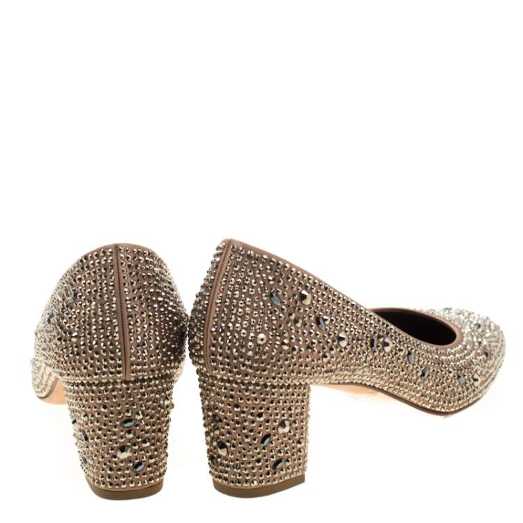 Pre Owned Gina Beige Satin Crystal Embellished Pumps Size 39.5