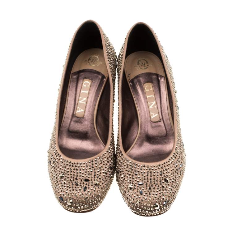 Pre Owned Gina Beige Satin Crystal Embellished Pumps Size 39.5