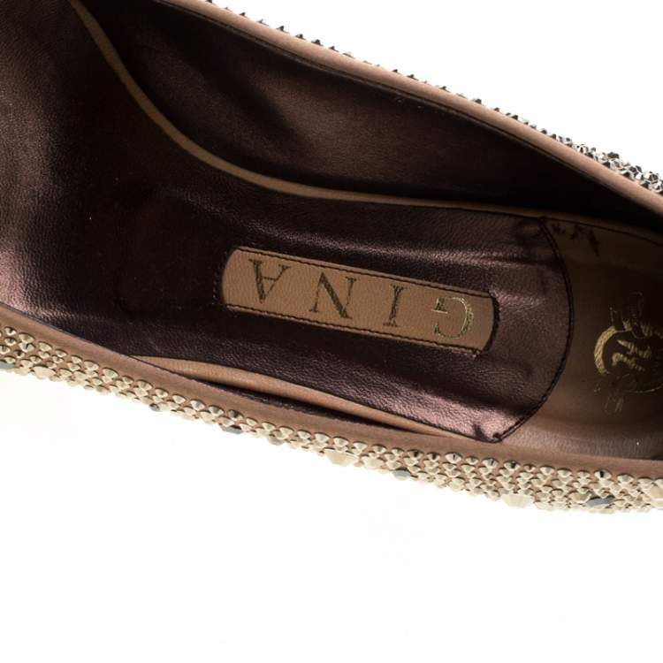 Pre Owned Gina Beige Satin Crystal Embellished Pumps Size 39.5