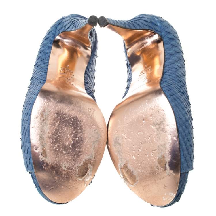 Pre Owned Gina Blue Python Leather Peep Toe Platform Pumps Size 37