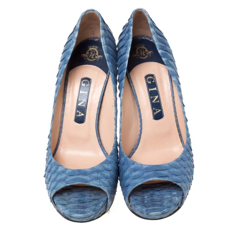 Pre Owned Gina Blue Python Leather Peep Toe Platform Pumps Size 37