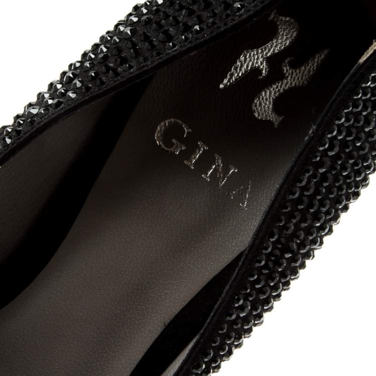 Pre Owned Gina Black Crystal Embellished Peep Toe Platform Pumps Size 39
