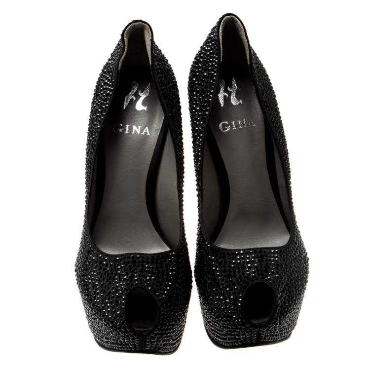 Pre Owned Gina Black Crystal Embellished Peep Toe Platform Pumps Size 39
