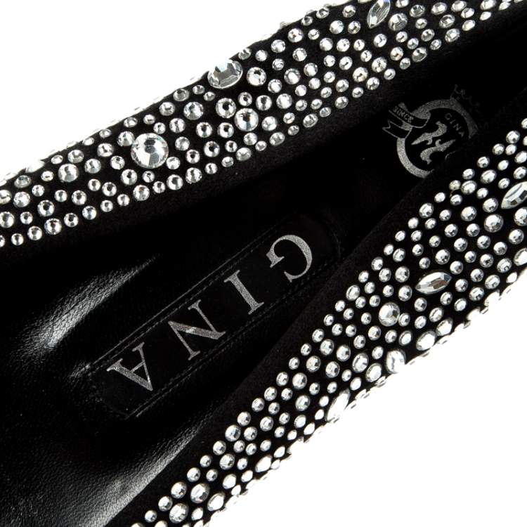 مملوكة مسبقًا Gina Black Crystal Embellished Satin Ballet Flats Size 38.5