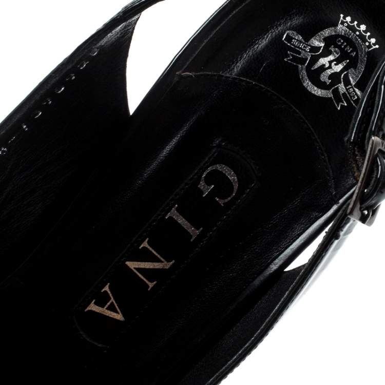 Pre Owned Gina Black Patent Leather Crystal Embellished Platform Peep Toe Slingback Sandals Size 40