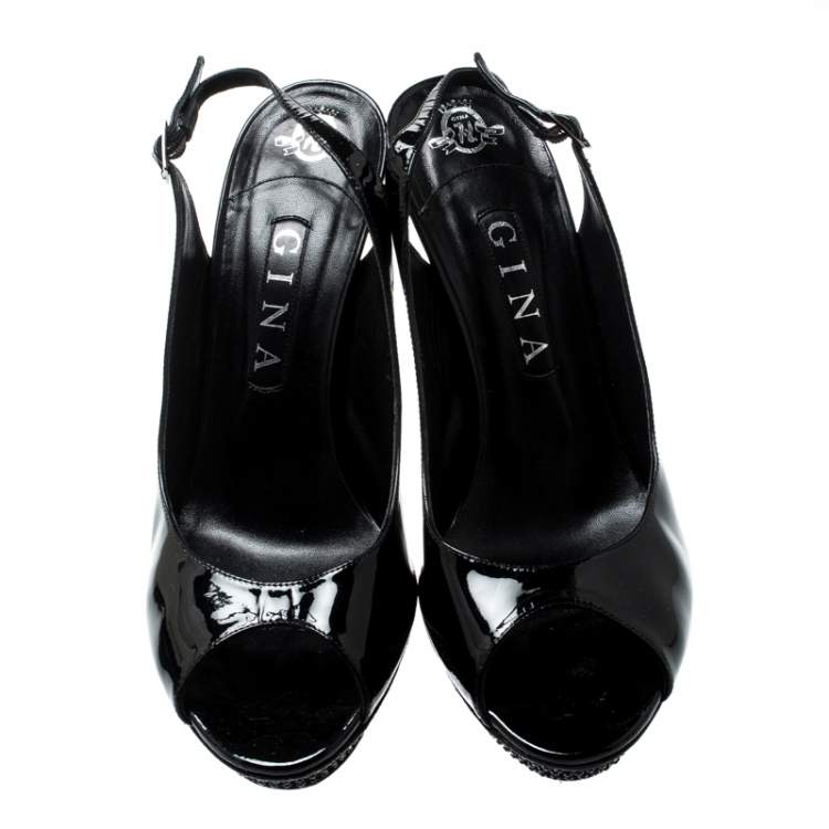 Pre Owned Gina Black Patent Leather Crystal Embellished Platform Peep Toe Slingback Sandals Size 40
