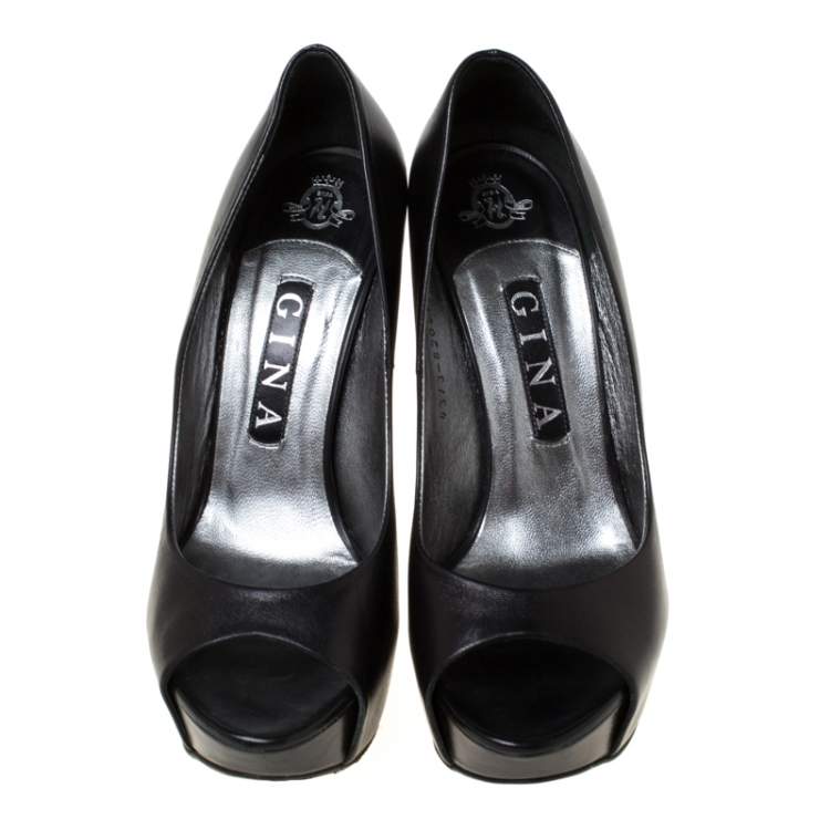 Pre Owned Gina Black Leather Peep Toe Wedge Platform Pumps Size 38.5