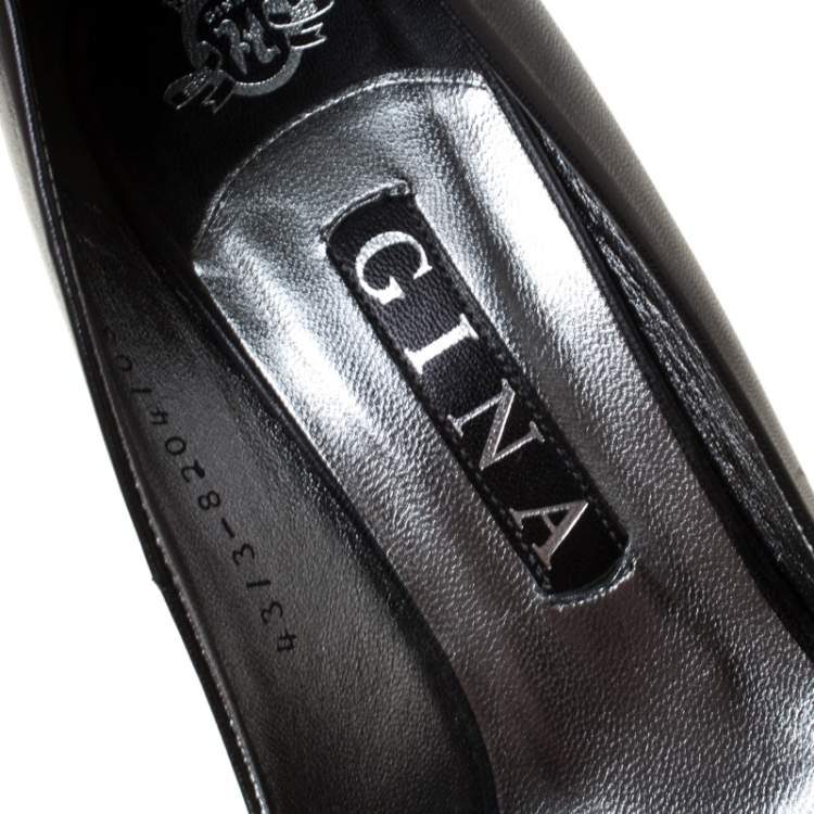 Pre Owned Gina Black Leather Peep Toe Wedge Platform Pumps Size 38.5