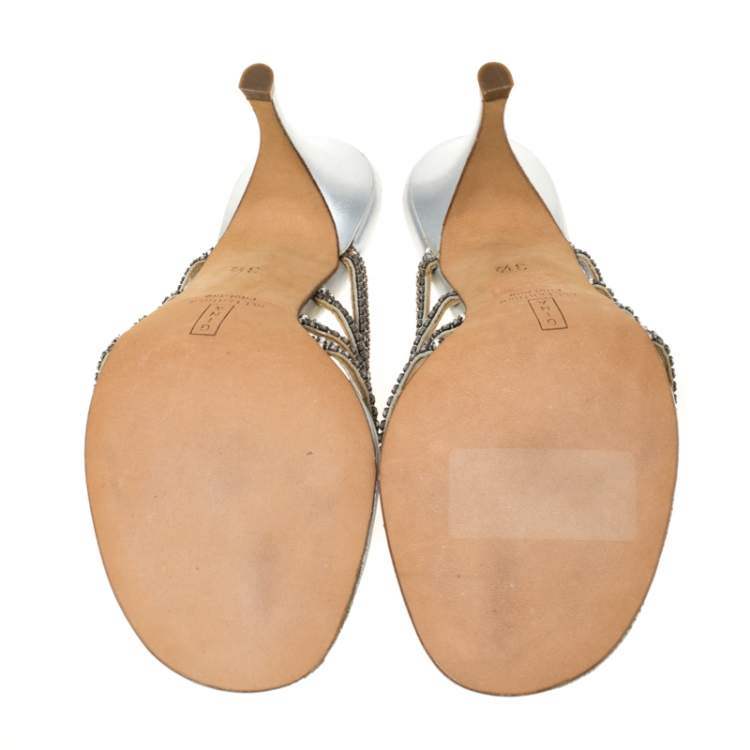 Pre Owned Gina Silver Crystal Embellished Leather Sandals Size 36.5