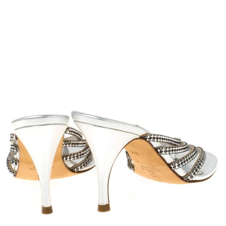 Pre Owned Gina Silver Crystal Embellished Leather Sandals Size 36.5
