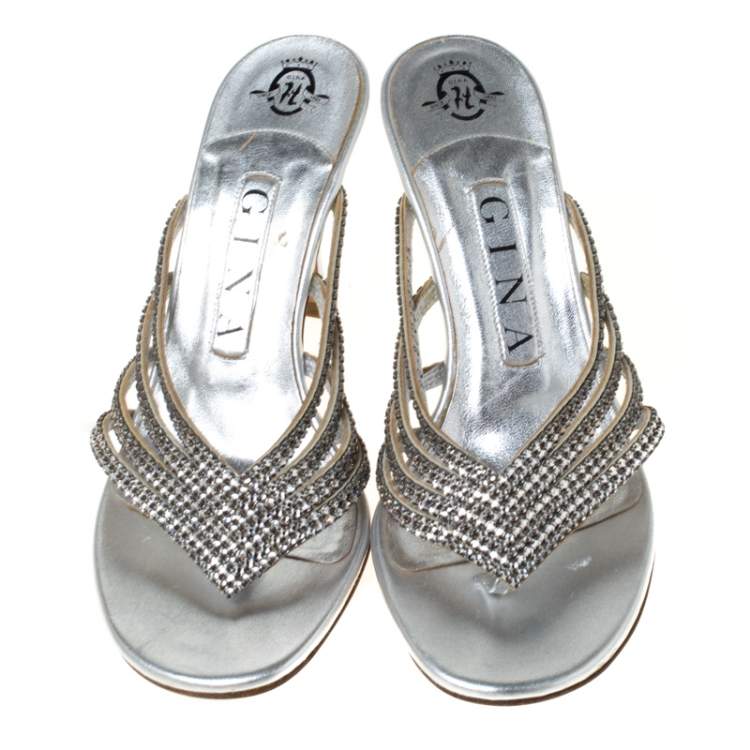 Pre Owned Gina Silver Crystal Embellished Leather Sandals Size 36.5