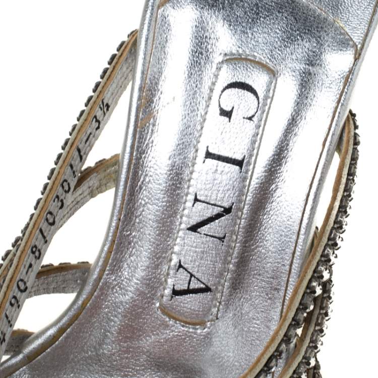 Pre Owned Gina Silver Crystal Embellished Leather Sandals Size 36.5
