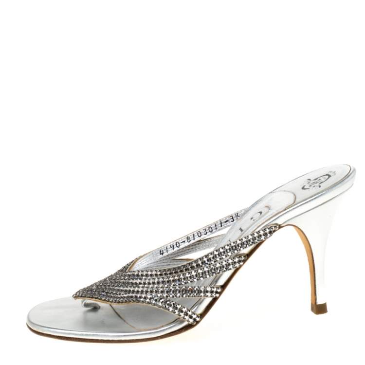 Pre Owned Gina Silver Crystal Embellished Leather Sandals Size 36.5
