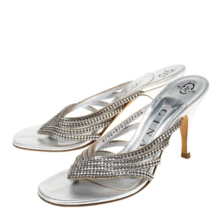 Pre Owned Gina Silver Crystal Embellished Leather Sandals Size 36.5
