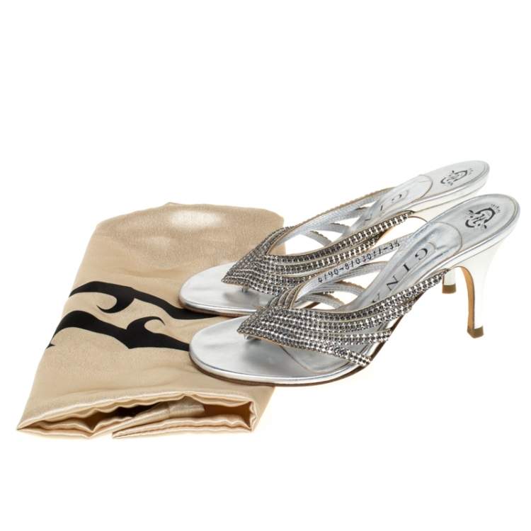 Pre Owned Gina Silver Crystal Embellished Leather Sandals Size 36.5