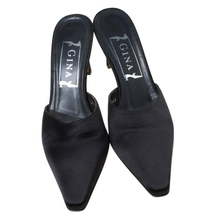 Pre Owned Gina Black Satin Pointed Toe Slip On Mules Size 37.5