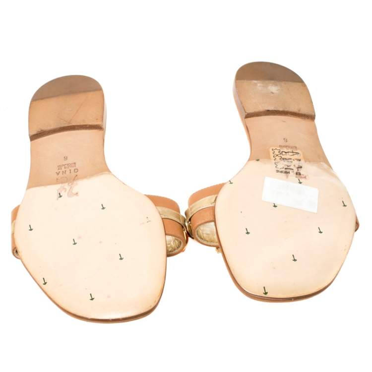 Pre Owned Gina Brown Leather Crystal Embellished Flat Slides Size 39